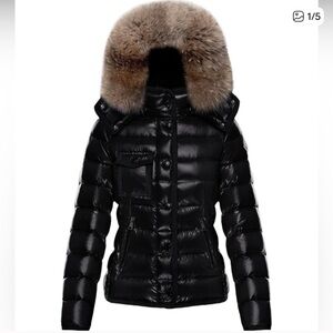 Moncler Shiny Black Puffer Jacket with Brown Fur Hood